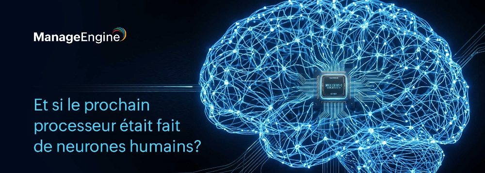 / Cerveau en réseau de neurones avec puce INTELLECTUS-8 et texte : « Et si le prochain processeur était fait de neurones humains ? »