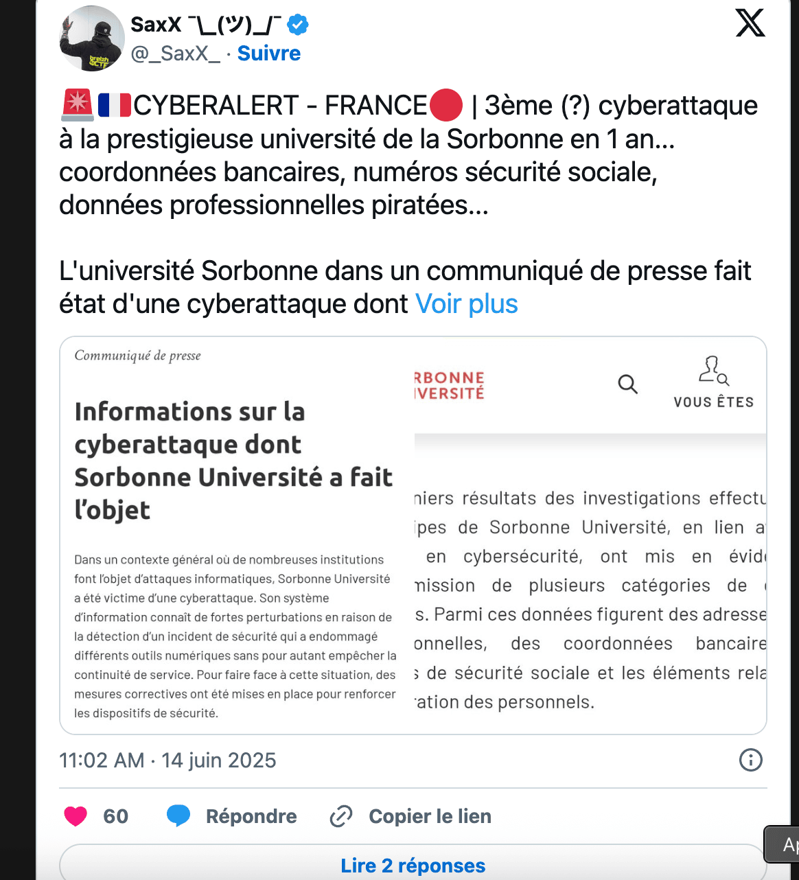 Cyberattaque Sorbonne Université