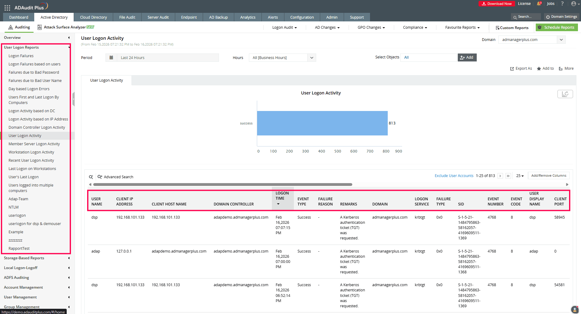 Logon auditing in ADAudit Plus User Logon auditing
