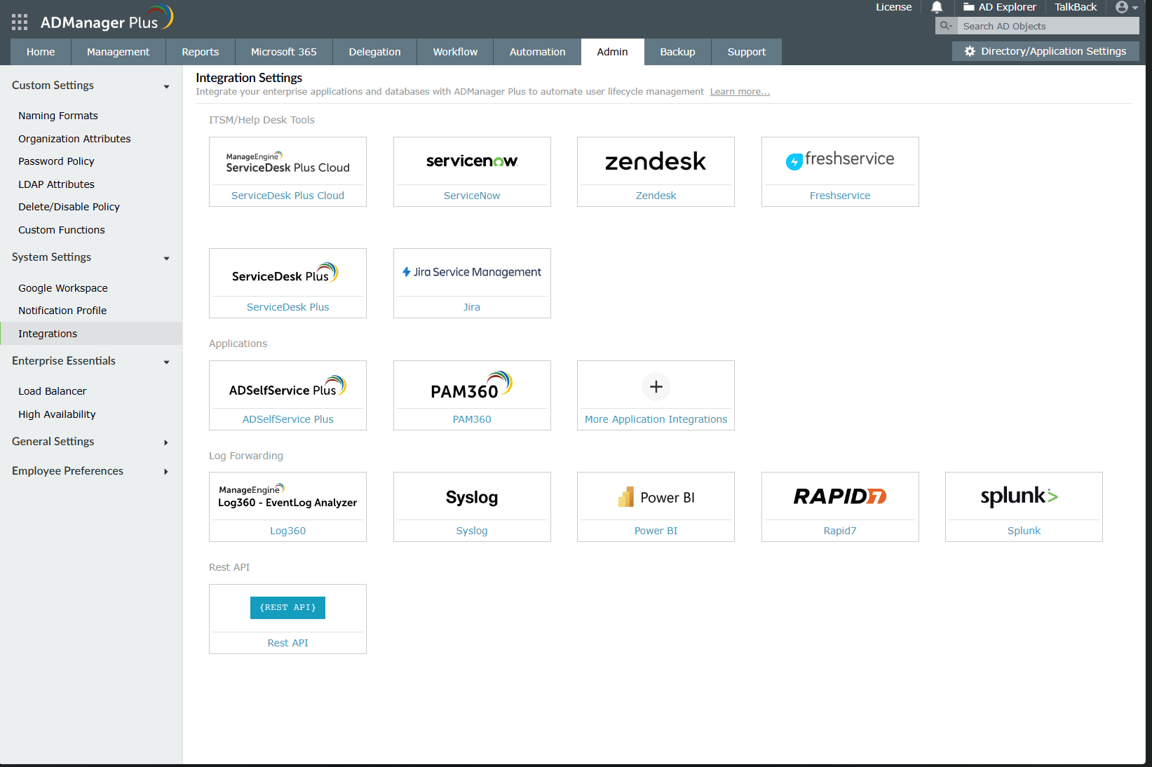 A list of third-party apps that can be integrated with ADManager Plus like ServiceNow, Jira, Power BI, and Splunk. Integrations are used for syncing AD attributes and managing app data with AD attributes.