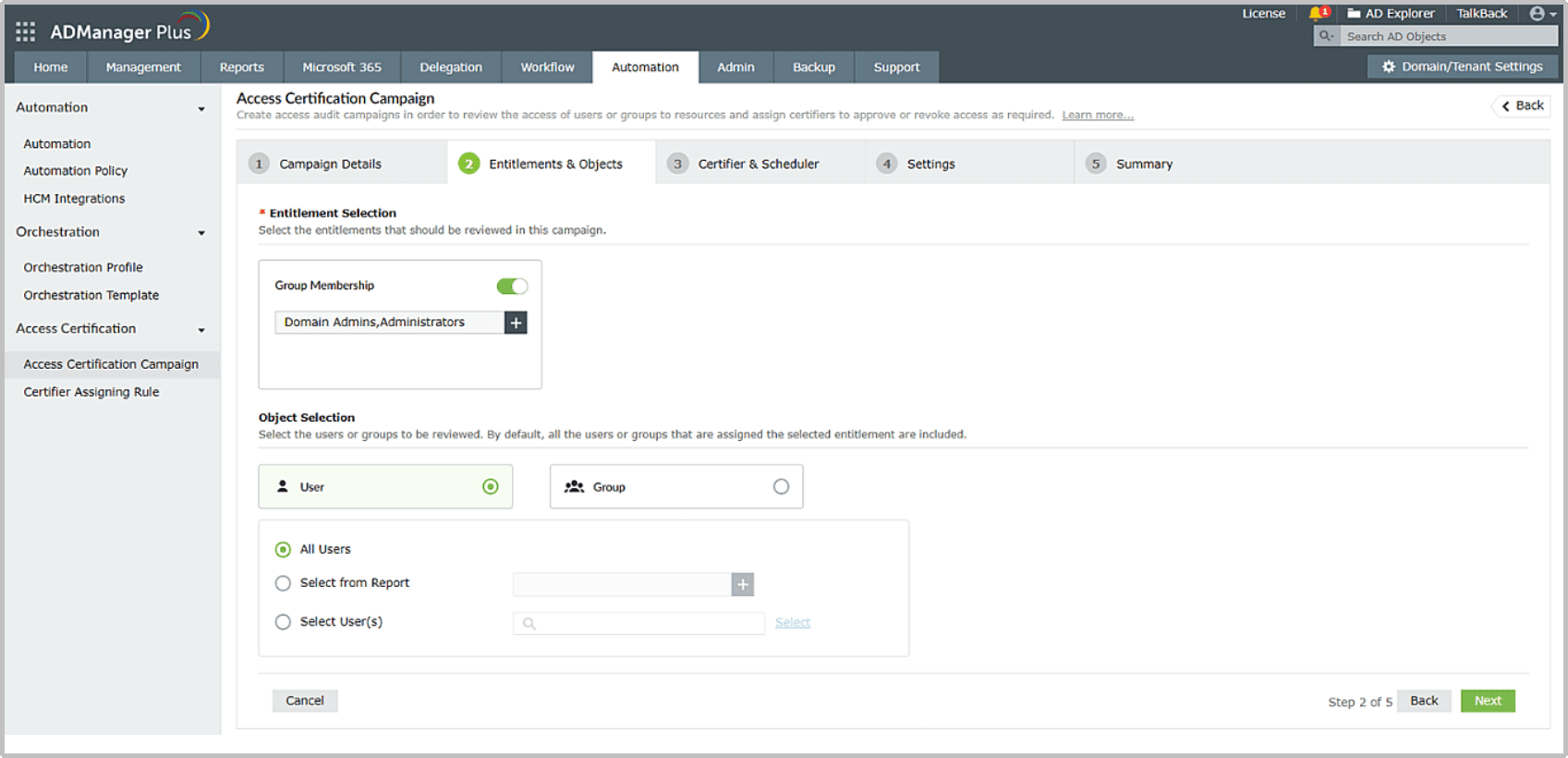 The Access Certification Campaign in ADManager Plus for performing access reviews of group memberships like Domain Admins, with options to review all users or specific selections for entitlement validation based on their Active Directory attributes.