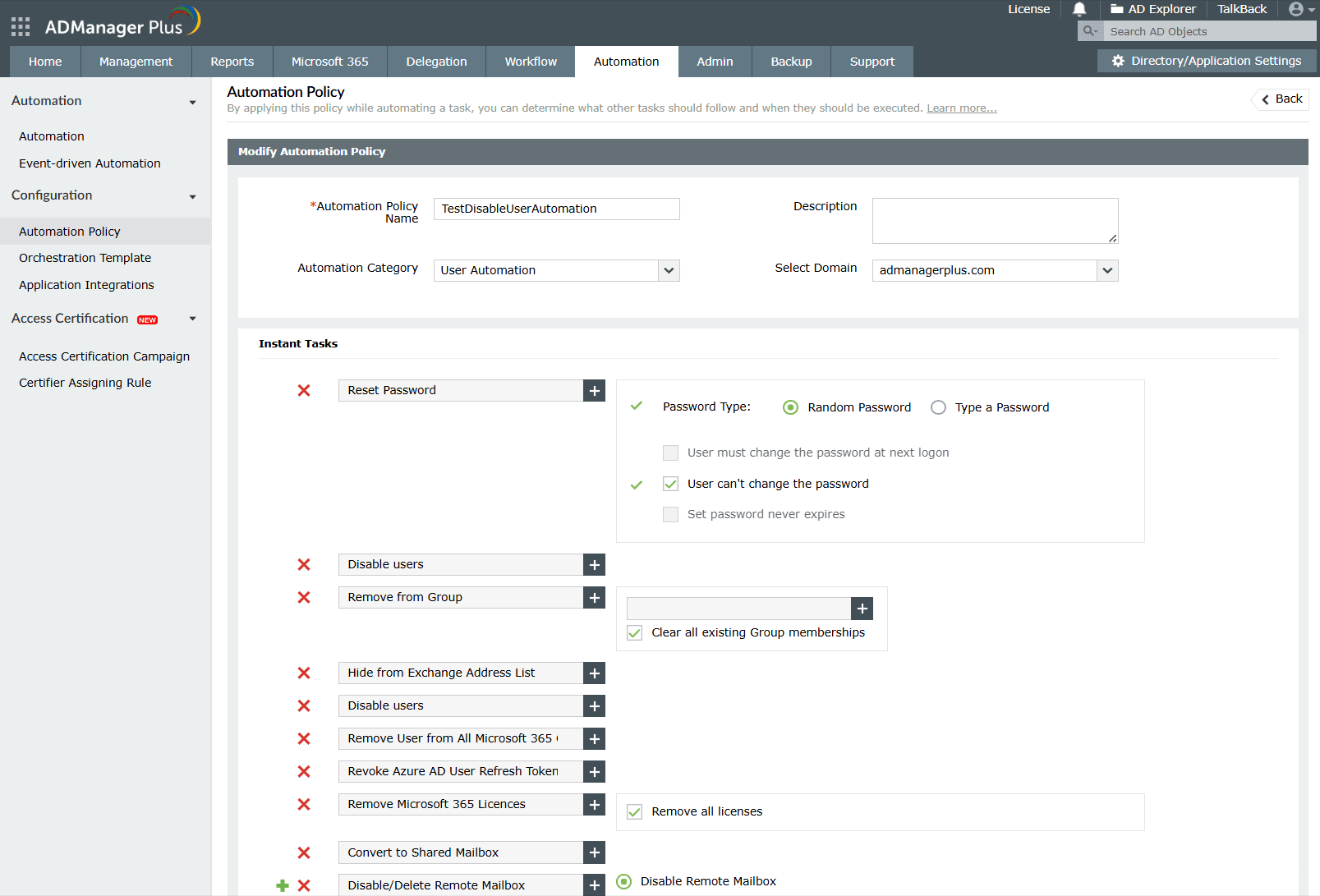 An automation policy configuration in ADManager Plus showcasing automated tasks such as password reset, disable user, and Microsoft 365 license revocation for streamlined AD user management.