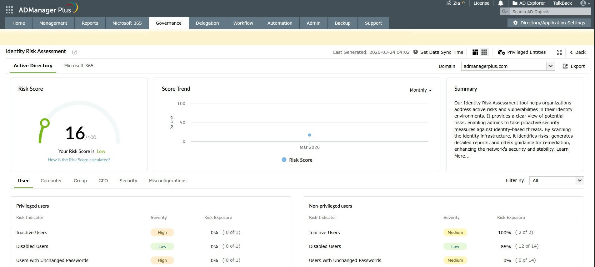 A comprehensive image which shows how to identify risks using ADManager Plus