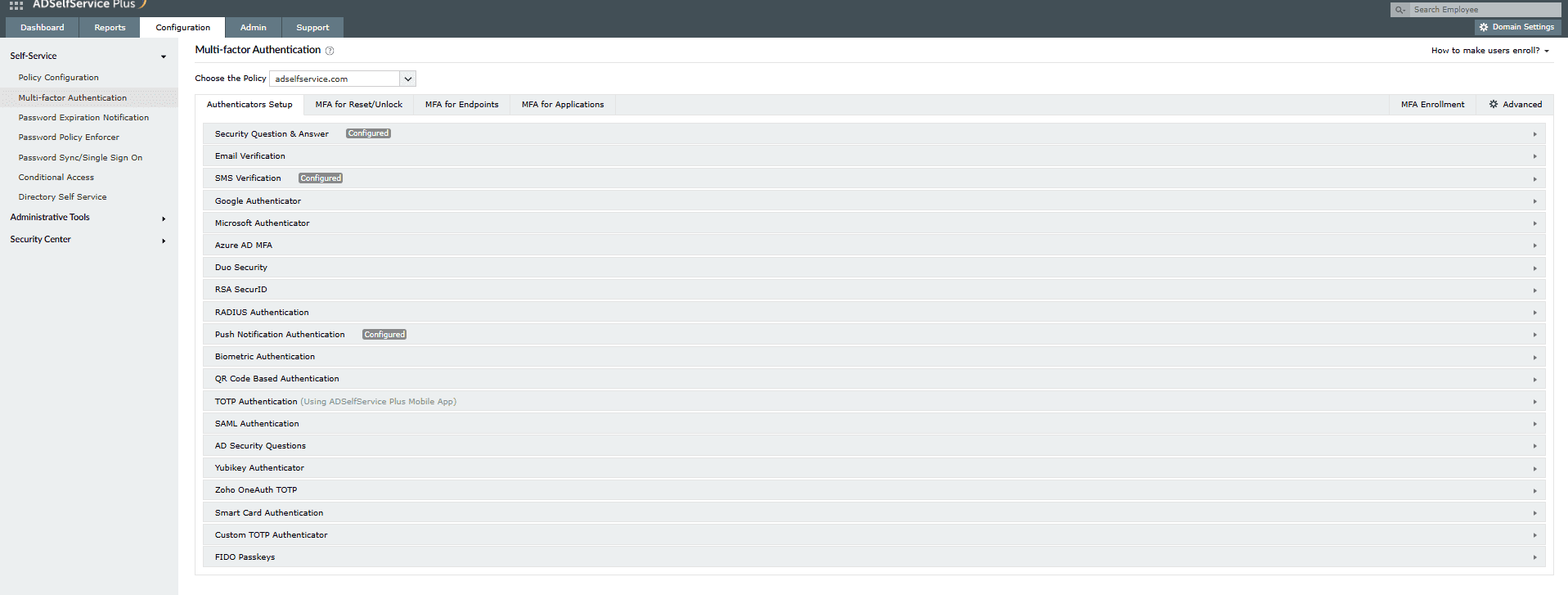 MFA authenticators in ADSelfService Plus.