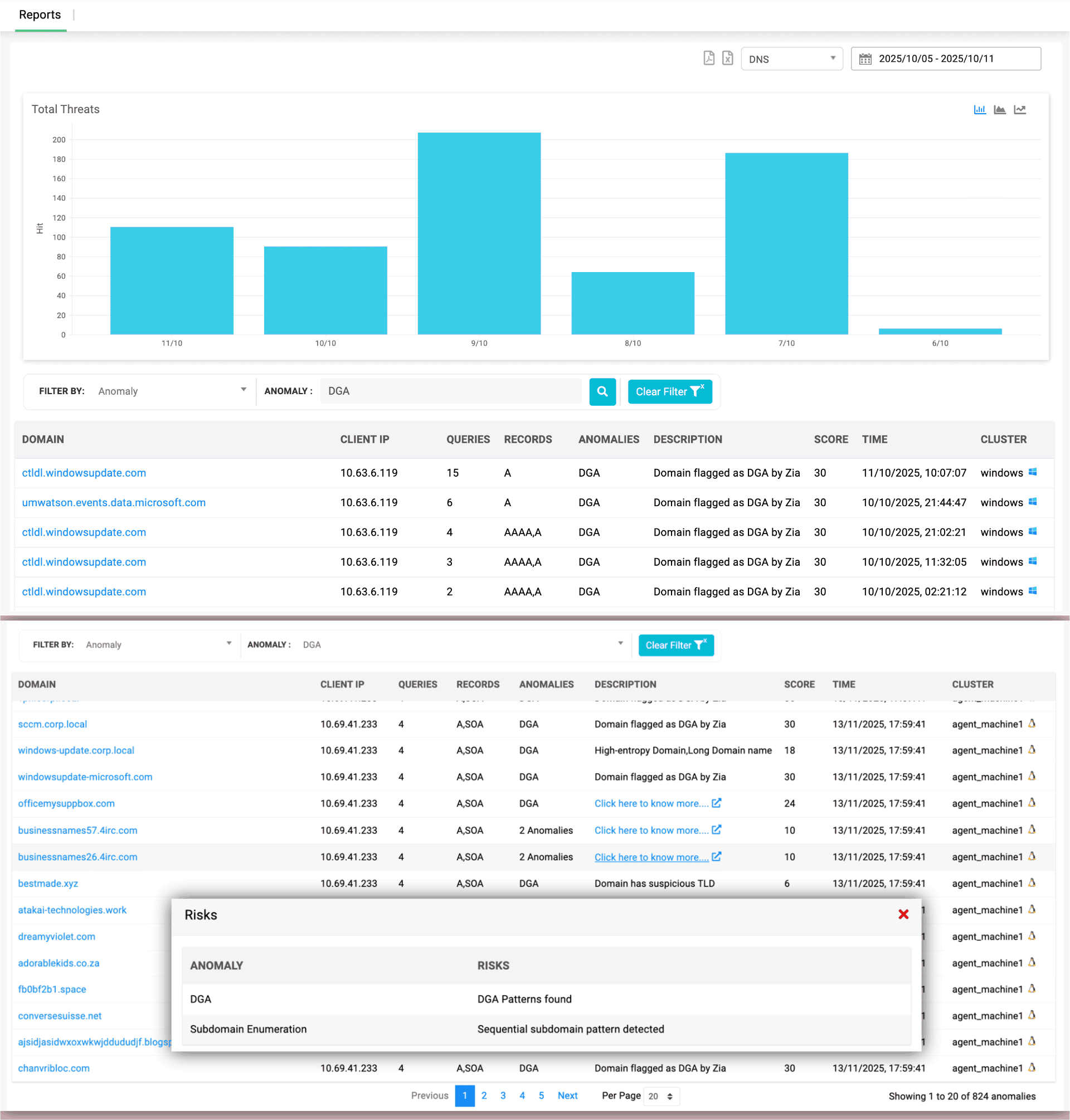 DNS Anomaly detection reports and logging