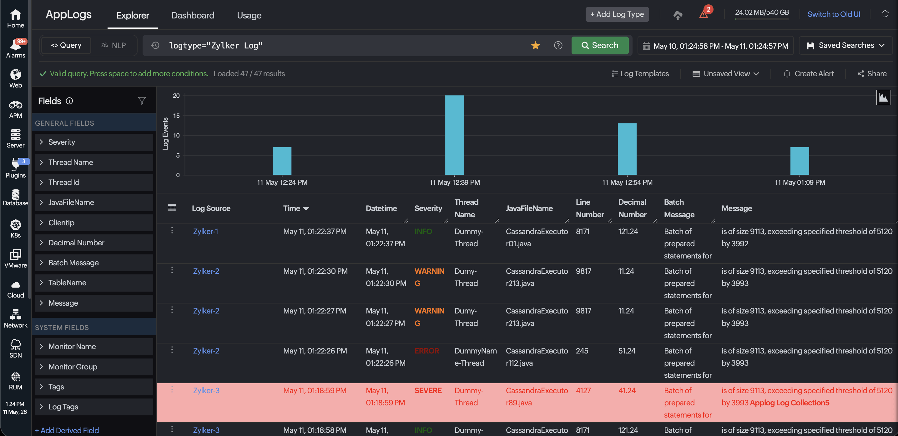 Log analysis dashboard displaying color-coded log severity levels, searchable events, and real-time application log monitoring.