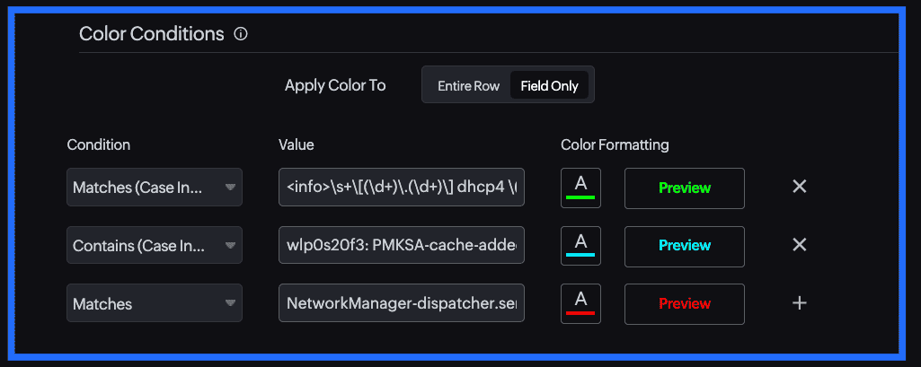 Log monitoring interface with customizable color conditions for highlighting log patterns and events.