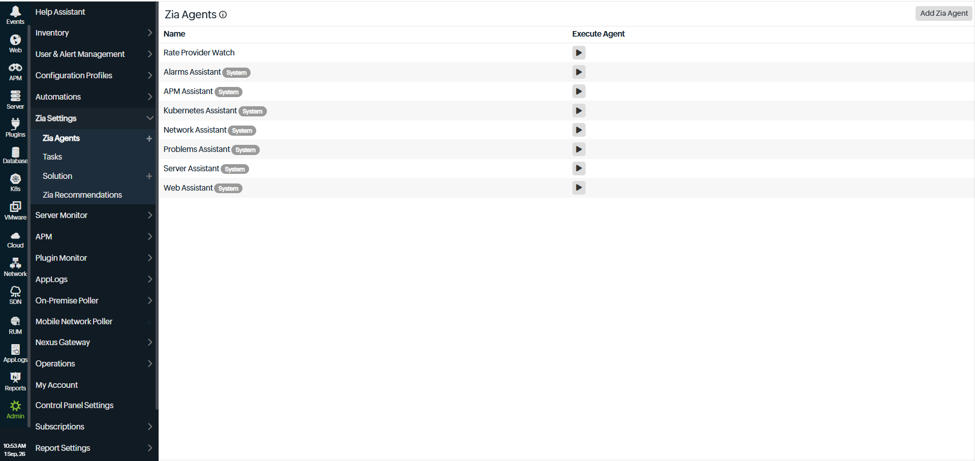 Zia Agents page showing available system agents in OpManager Nexus.
