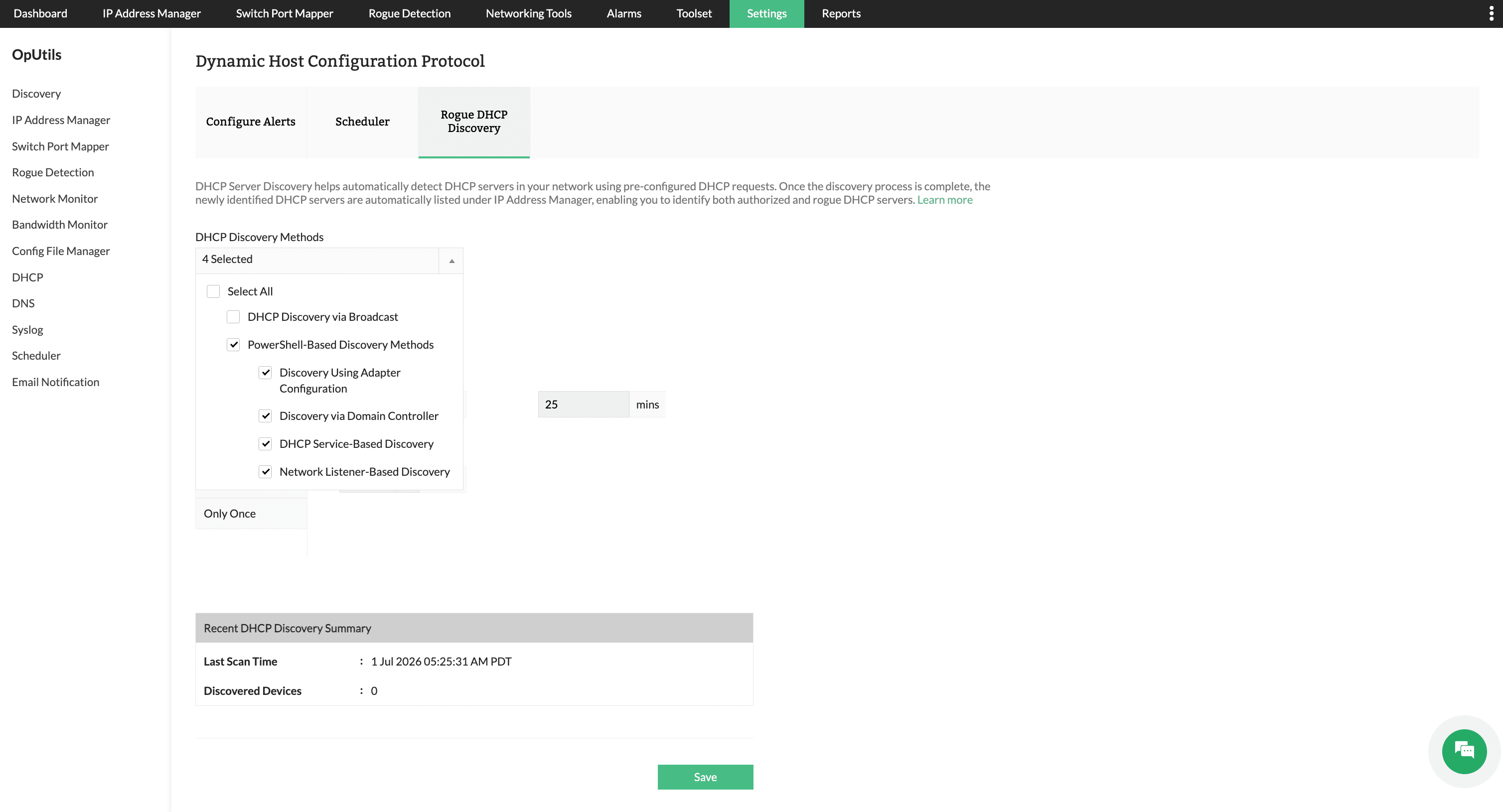 Rogue DHCP discovery - ManageEngine OpUtils Rogue DHCP discovery