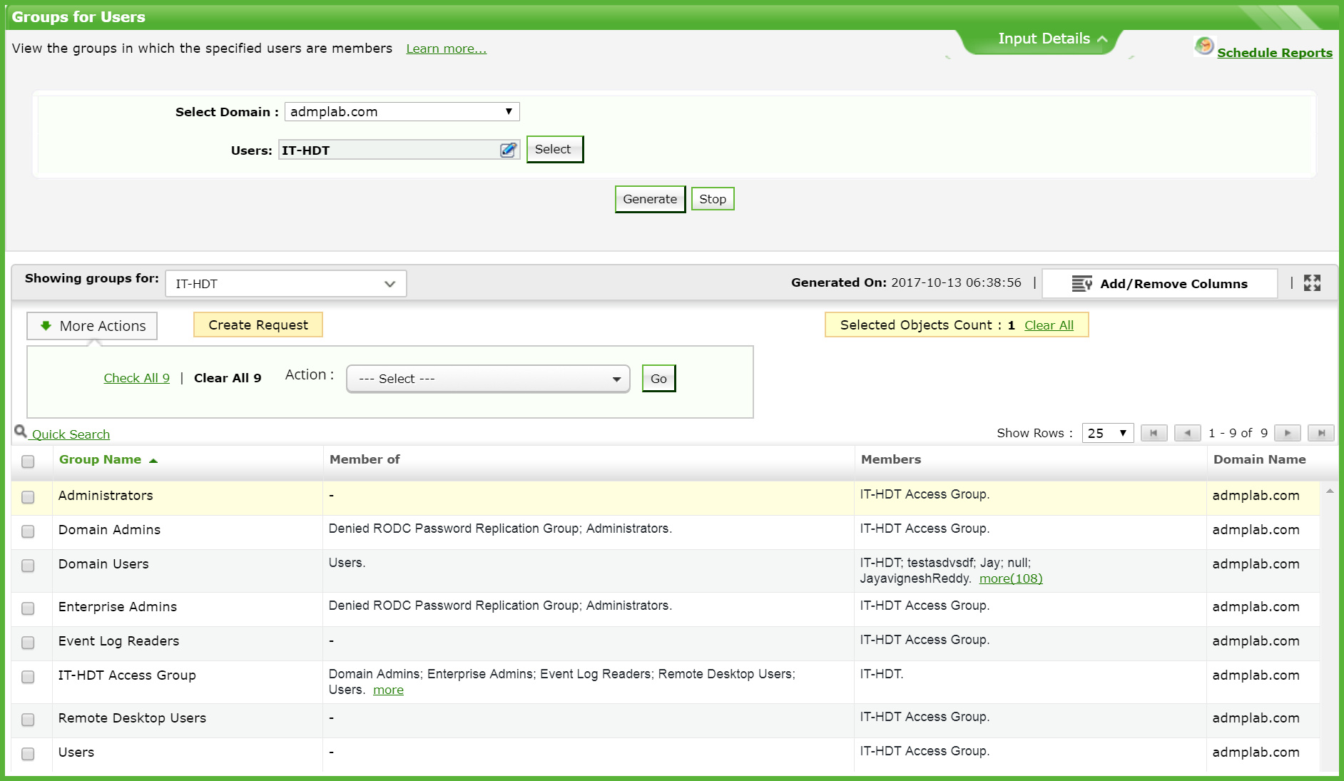 Figure 2. The recursive group membership report (Groups for Users) in ADManager Plus