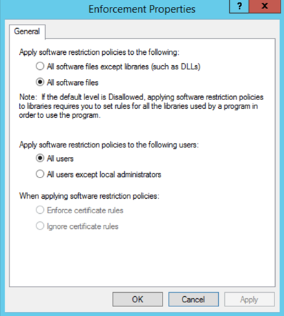 Application whitelisting using Software Restriction Policies
