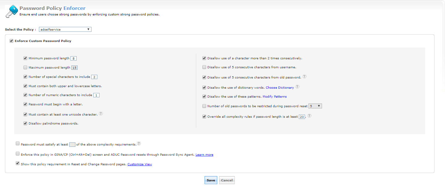 Password policy enforcer with advanced rules including dictionary rule