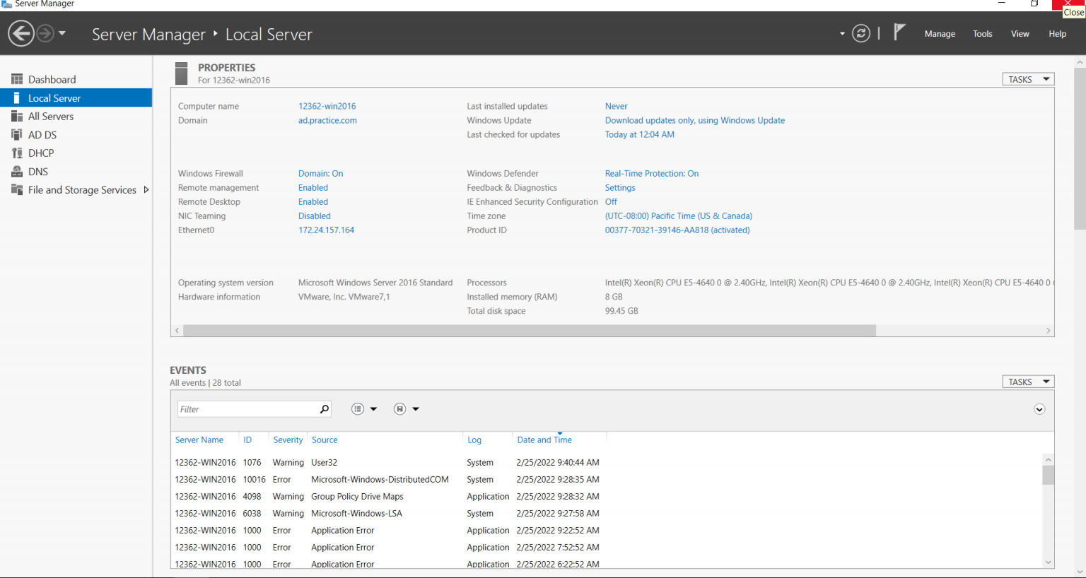 Tableau de bord du Server Manager