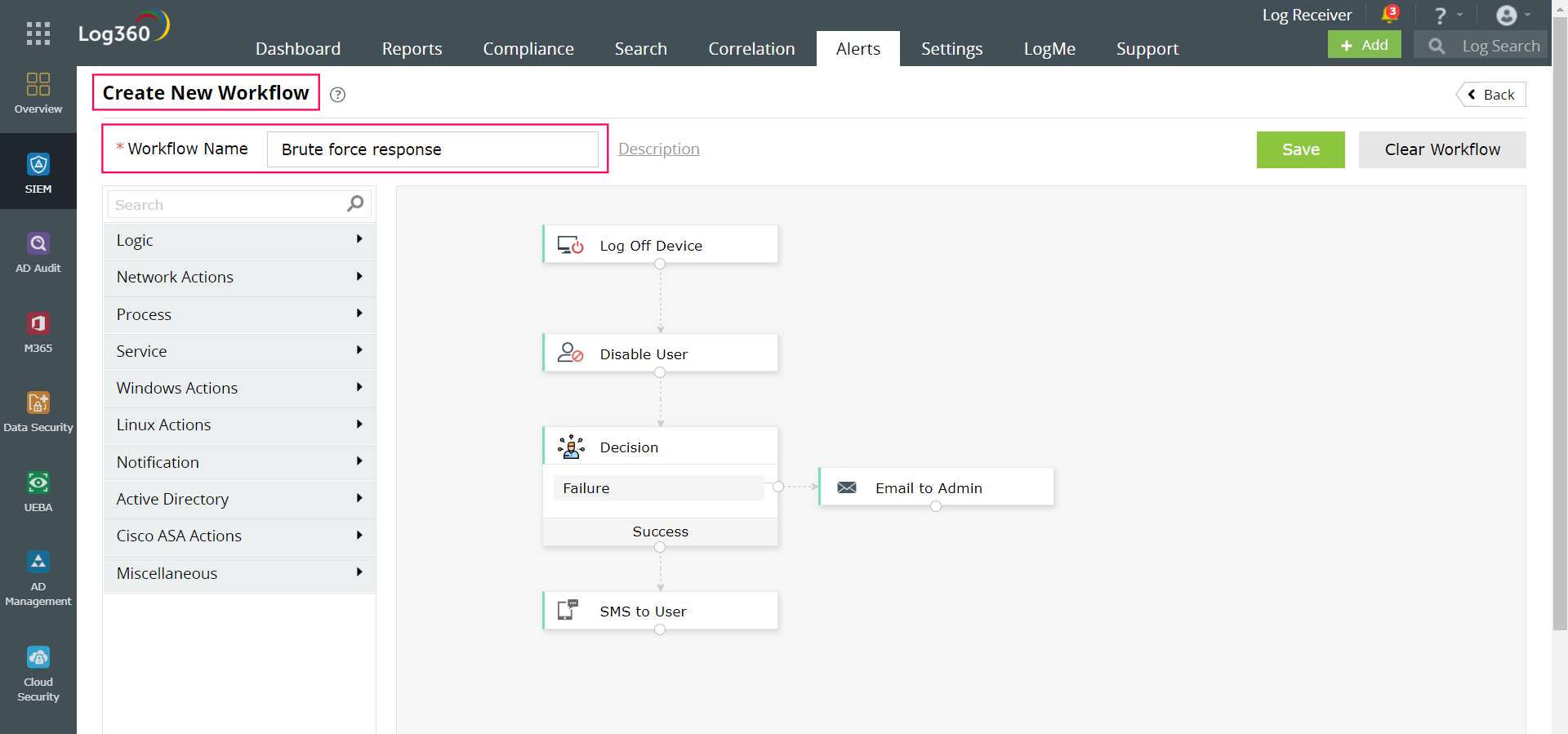 générateur de workflow dans Log360